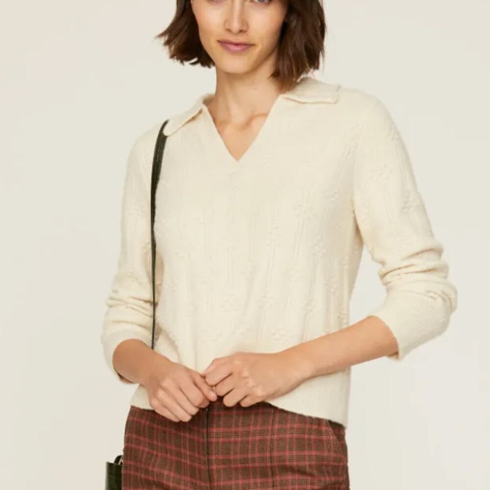 L.K. Bennett White Polo Sweater SMALL Textured Romantic Cottage Designer $340